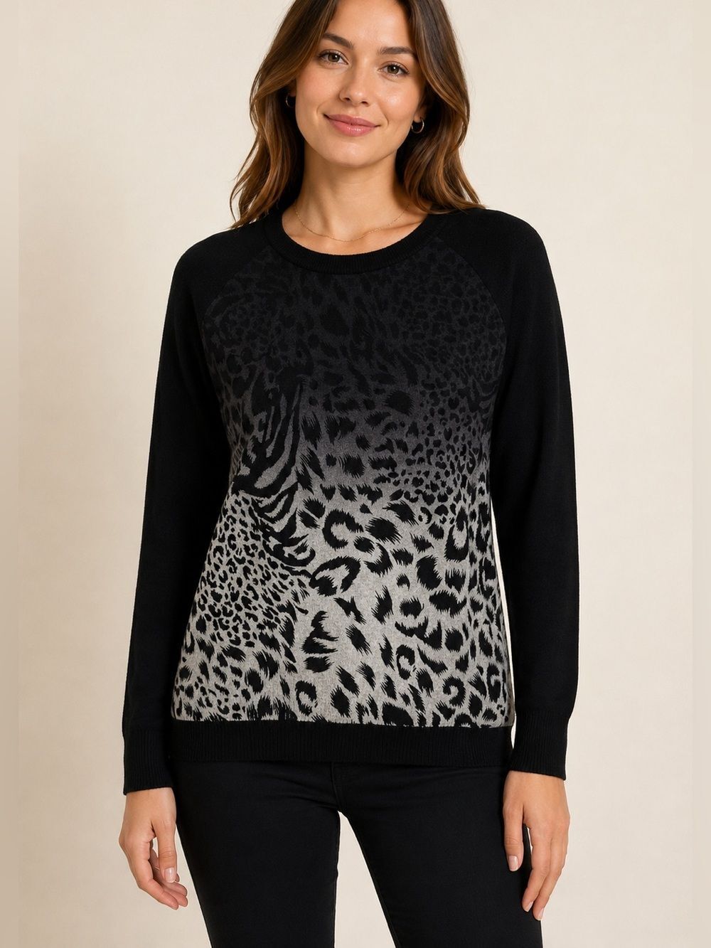 Wyatt Cashmere Leopard Print Ombré Crew Neck Pullover Sweater Size M